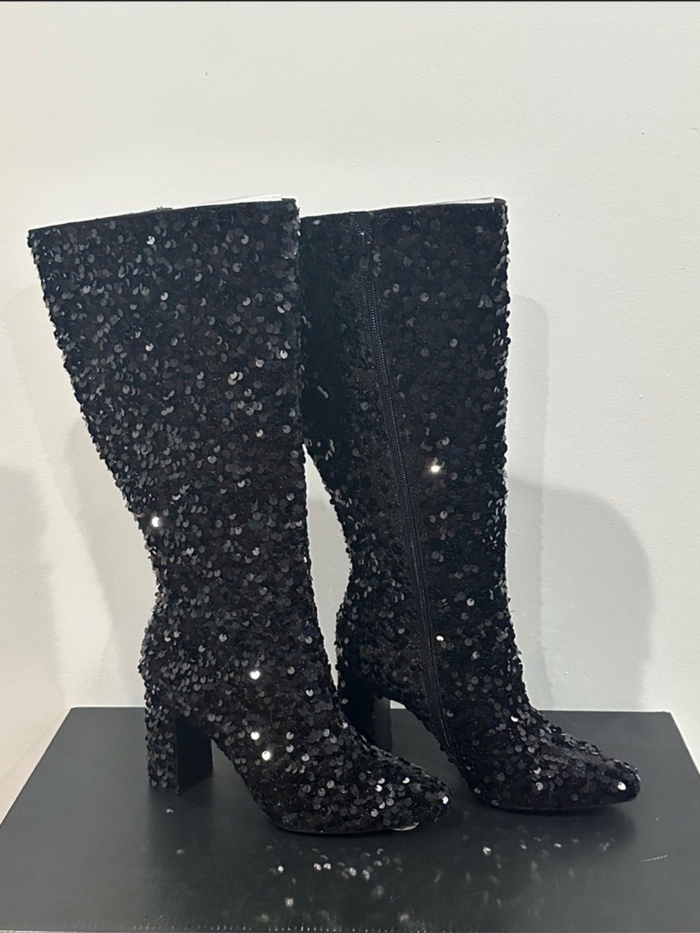 Sequined Knee-High Block Heel Boots - Black